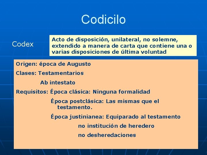 Codicilo Codex Acto de disposición, unilateral, no solemne, extendido a manera de carta que