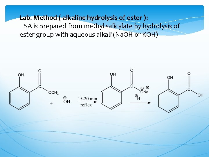 Lab. Method ( alkaline hydrolysis of ester ): SA is prepared from methyl salicylate