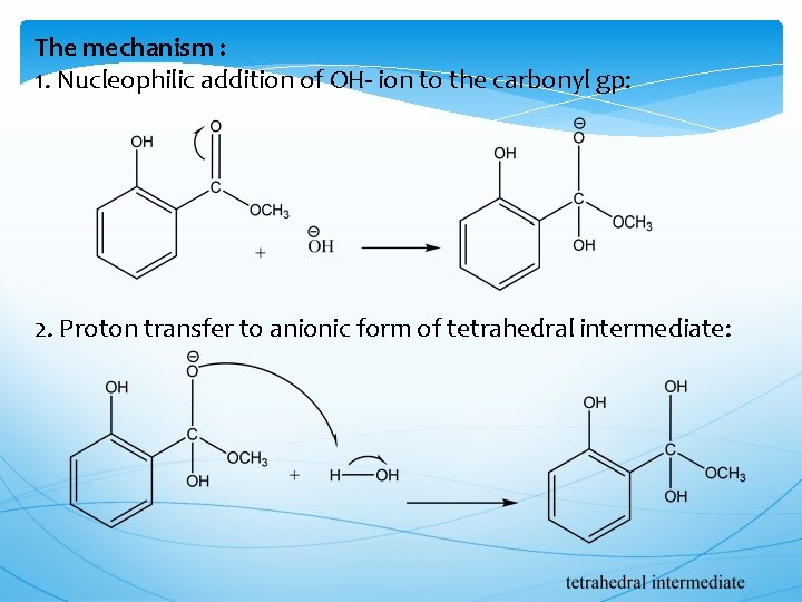 The mechanism : 1. Nucleophilic addition of OH- ion to the carbonyl gp: 2.