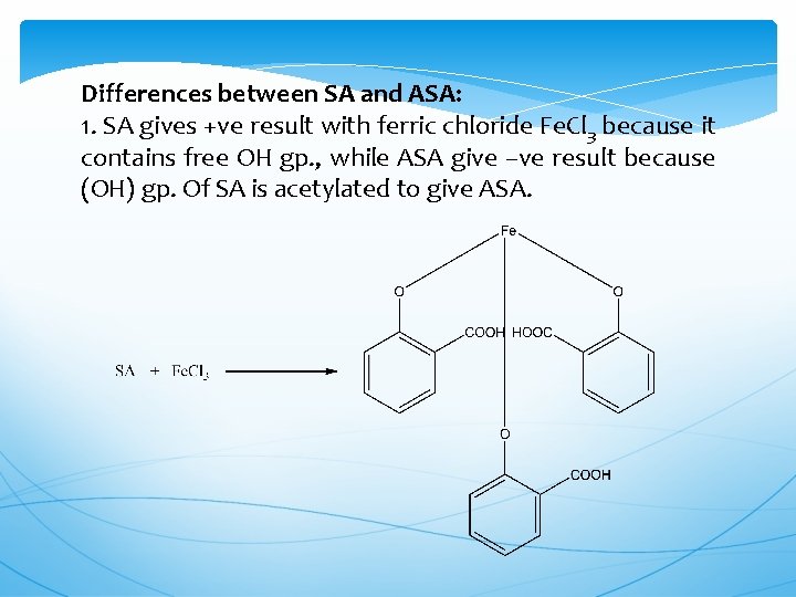 Differences between SA and ASA: 1. SA gives +ve result with ferric chloride Fe.