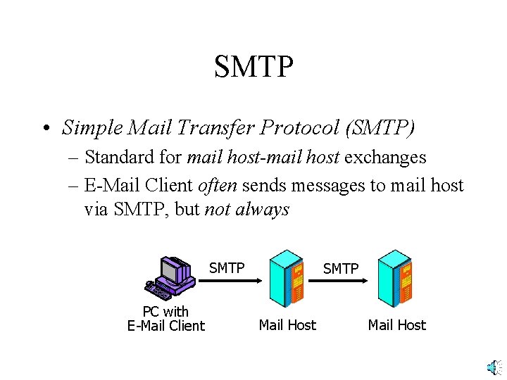 SMTP • Simple Mail Transfer Protocol (SMTP) – Standard for mail host-mail host exchanges