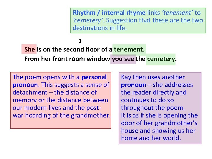 Rhythm / internal rhyme links ‘tenement’ to ‘cemetery’. Suggestion that these are the two