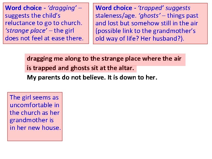 Word choice - ‘dragging’ – suggests the child’s reluctance to go to church. ‘strange