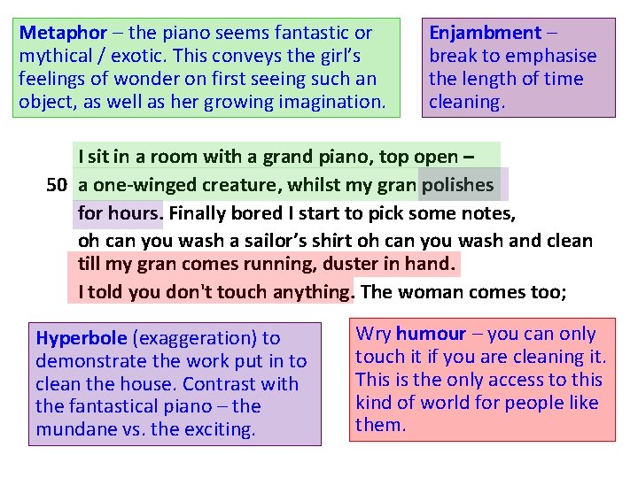 Metaphor – the piano seems fantastic or mythical / exotic. This conveys the girl’s