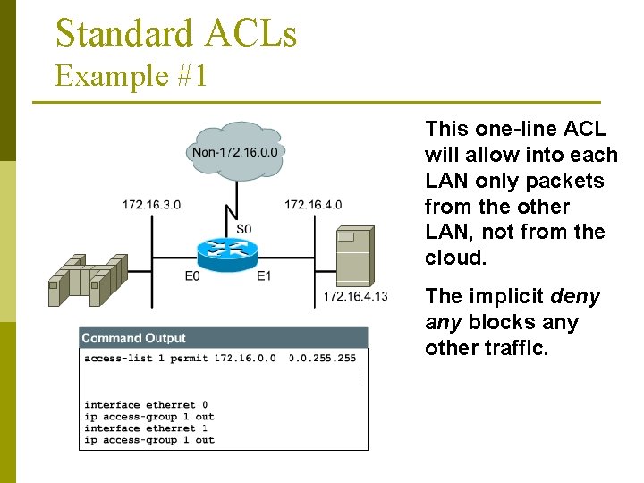 Standard ACLs Example #1 This one-line ACL will allow into each LAN only packets