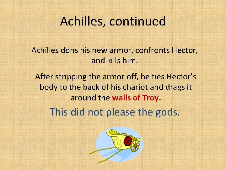 Achilles, continued Achilles dons his new armor, confronts Hector, and kills him. After stripping