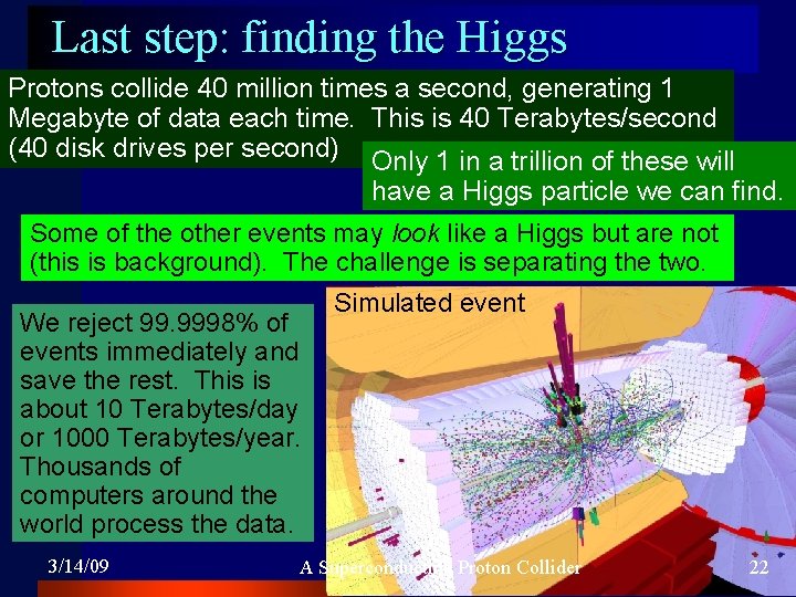 Last step: finding the Higgs Protons collide 40 million times a second, generating 1