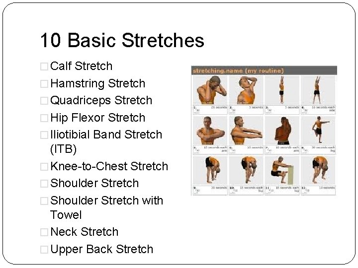10 Basic Stretches � Calf Stretch � Hamstring Stretch � Quadriceps Stretch � Hip