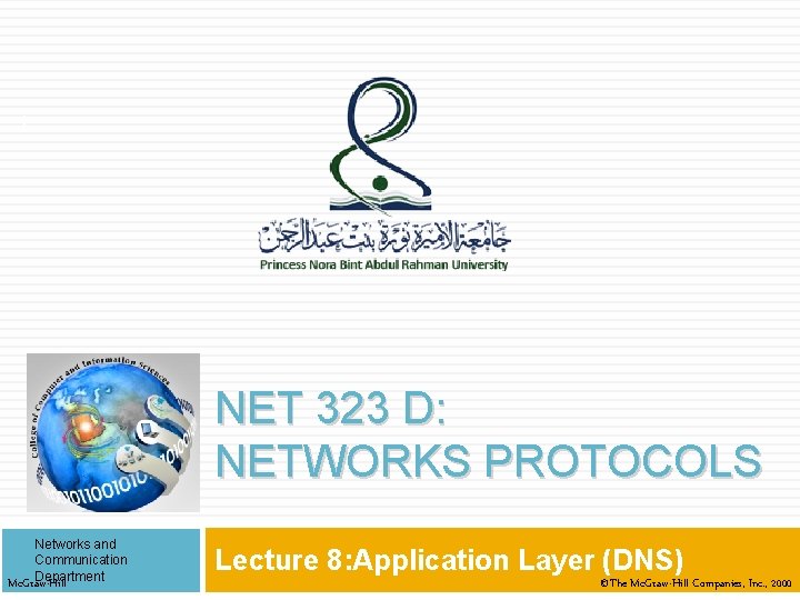 1 NET 323 D: NETWORKS PROTOCOLS Networks and Communication Department Mc. Graw-Hill Lecture 8: