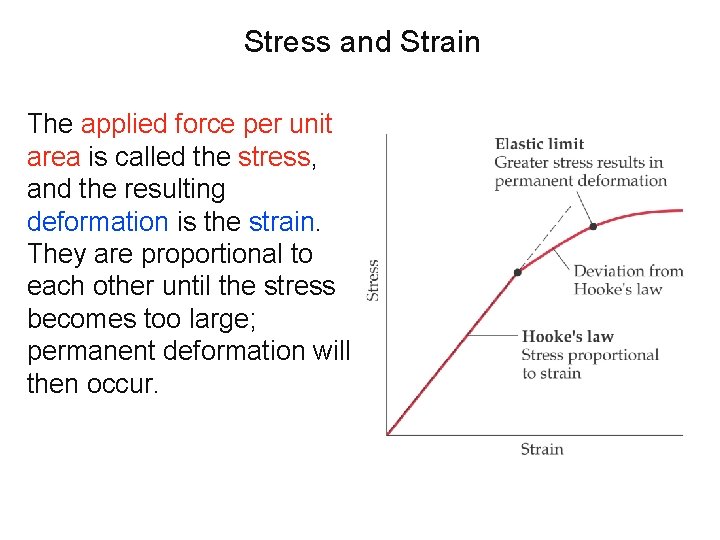 Stress and Strain The applied force per unit area is called the stress, and