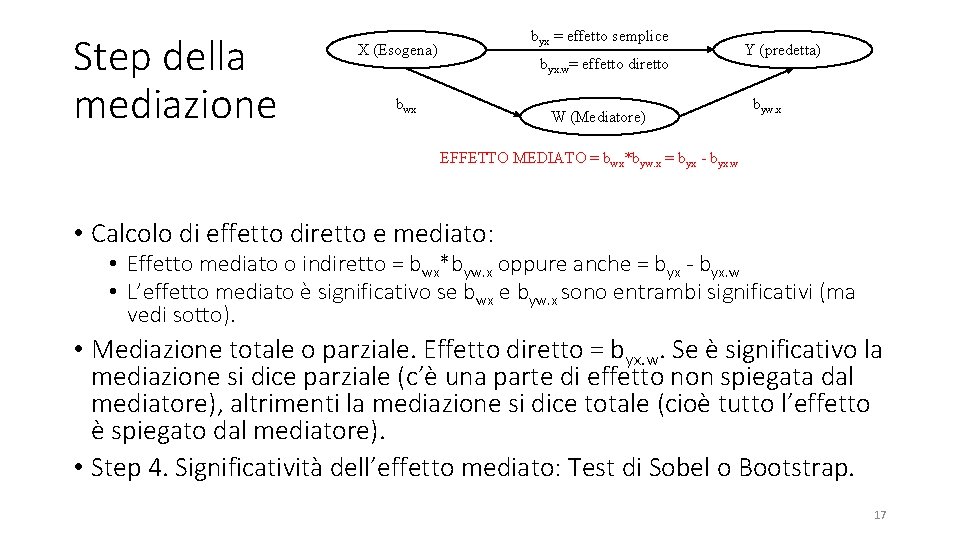 Step della mediazione byx = effetto semplice X (Esogena) byx. w= effetto diretto bwx