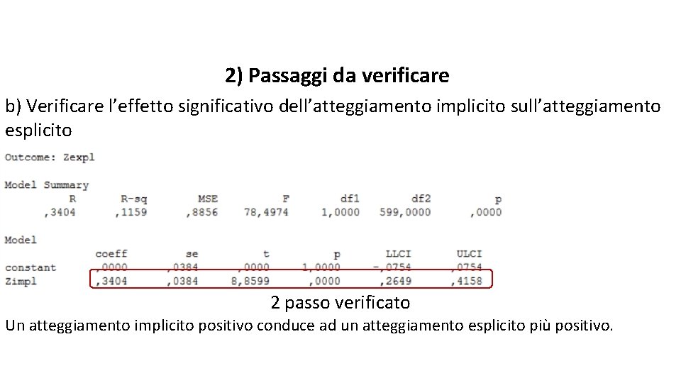 2) Passaggi da verificare b) Verificare l’effetto significativo dell’atteggiamento implicito sull’atteggiamento esplicito 2 passo