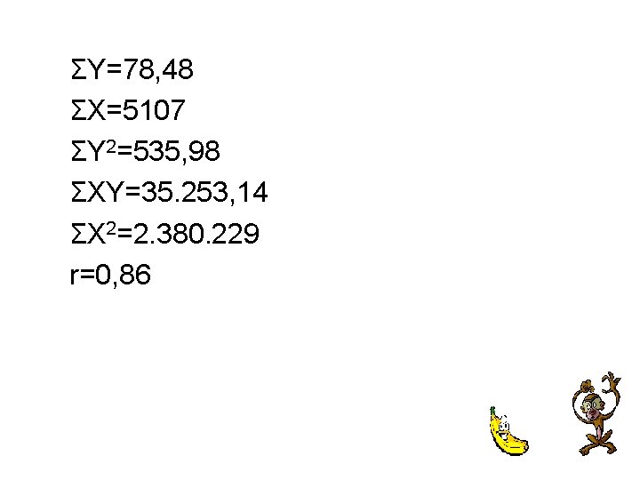 ΣY=78, 48 ΣX=5107 ΣY 2=535, 98 ΣXY=35. 253, 14 ΣX 2=2. 380. 229 r=0,