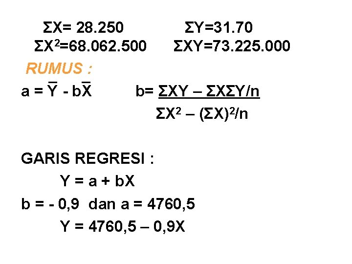 ΣX= 28. 250 ΣY=31. 70 ΣX 2=68. 062. 500 ΣXY=73. 225. 000 RUMUS :