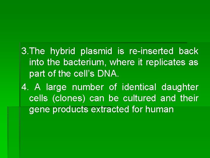 3. The hybrid plasmid is re-inserted back into the bacterium, where it replicates as