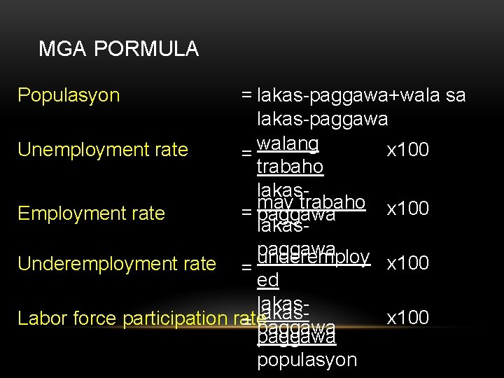 MGA PORMULA Populasyon = lakas-paggawa+wala sa lakas-paggawa walang Unemployment rate x 100 = trabaho