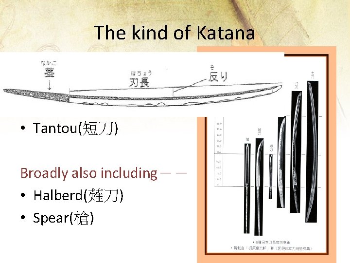 The kind of Katana • • Tachi(太刀) Uchikatana(打刀) Wakizashi(脇差) Tantou(短刀) Broadly also including－－ •