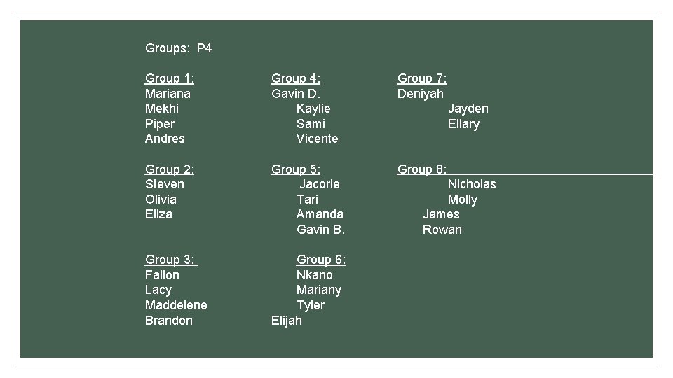 Groups: P 4 Group 1: Mariana Mekhi Piper Andres Group 4: Gavin D. Kaylie Groups: P 4 Group 1: Mariana Mekhi Piper Andres Group 4: Gavin D. Kaylie