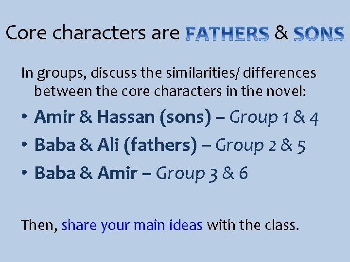 Core characters are & In groups, discuss the similarities/ differences between the core characters