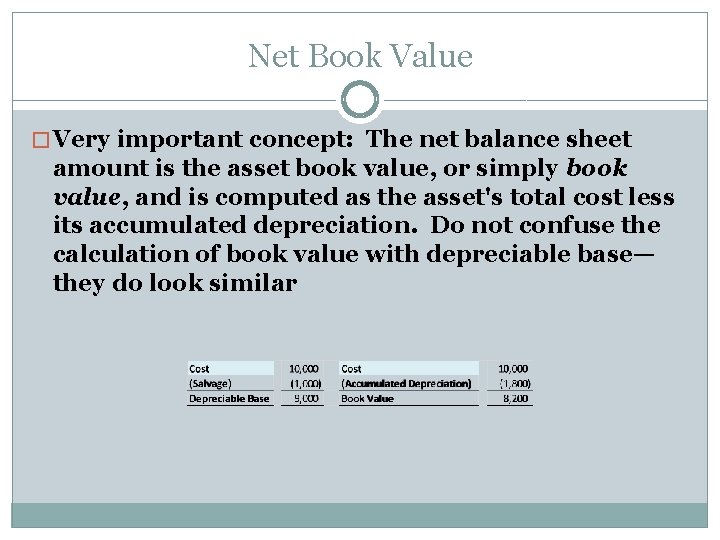 Net Book Value � Very important concept: The net balance sheet amount is the