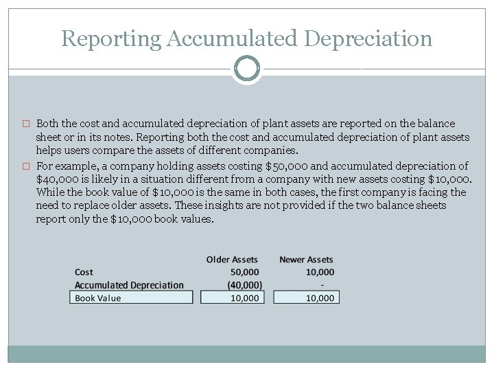 Reporting Accumulated Depreciation � Both the cost and accumulated depreciation of plant assets are