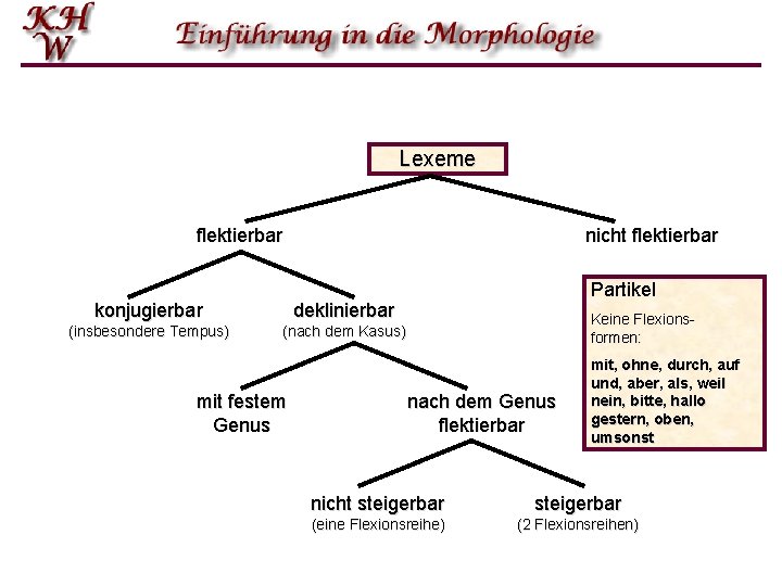 Lexeme flektierbar nicht flektierbar konjugierbar deklinierbar (insbesondere Tempus) (nach dem Kasus) mit festem Genus