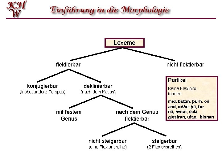 Lexeme flektierbar nicht flektierbar konjugierbar deklinierbar (insbesondere Tempus) (nach dem Kasus) mit festem Genus