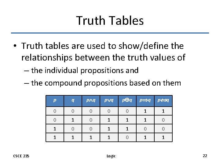 Truth Tables • Truth tables are used to show/define the relationships between the truth