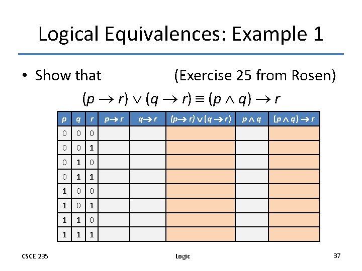 Logical Equivalences: Example 1 • Show that (Exercise 25 from Rosen) (p r) (q