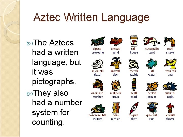 Aztec Written Language The Aztecs had a written language, but it was pictographs. They