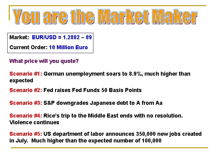 Market: EUR/USD = 1. 2882 – 89 Current Order: 10 Million Euro What price