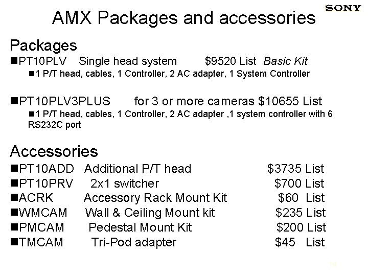 AMX Packages and accessories Packages n. PT 10 PLV Single head system $9520 List