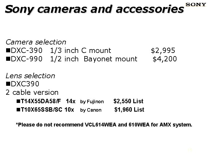 Sony cameras and accessories Camera selection n. DXC-390 1/3 inch C mount n. DXC-990