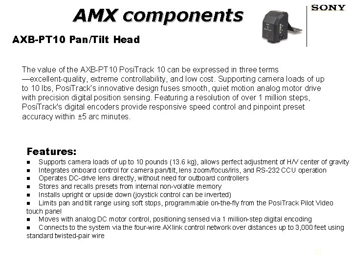 AMX components AXB-PT 10 Pan/Tilt Head The value of the AXB-PT 10 Posi. Track