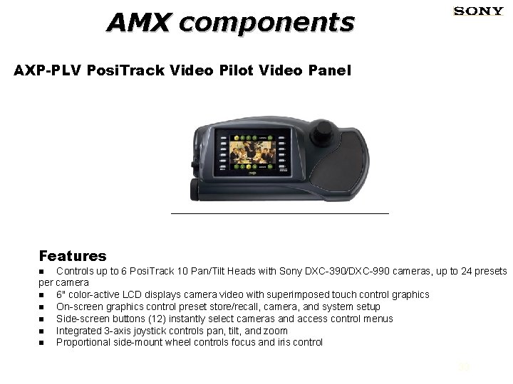 AMX components AXP-PLV Posi. Track Video Pilot Video Panel Features n Controls up to
