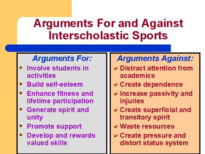 Arguments For and Against Interscholastic Sports Arguments For: § Involve students in § §