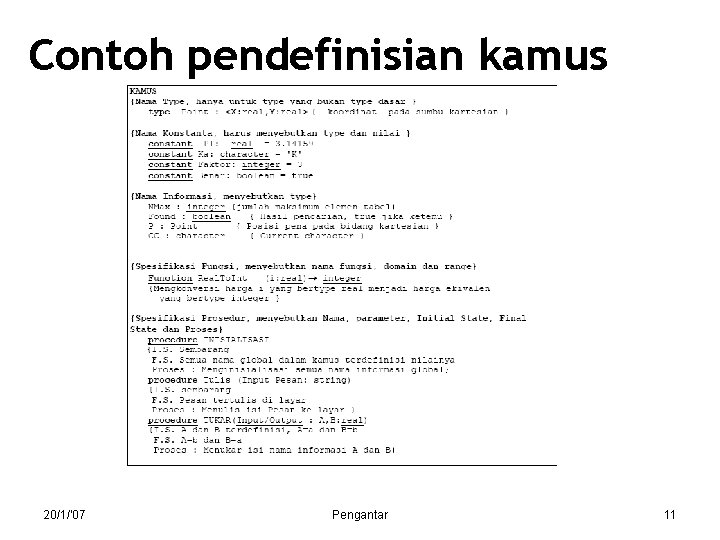 Contoh pendefinisian kamus 20/1/'07 Pengantar 11 