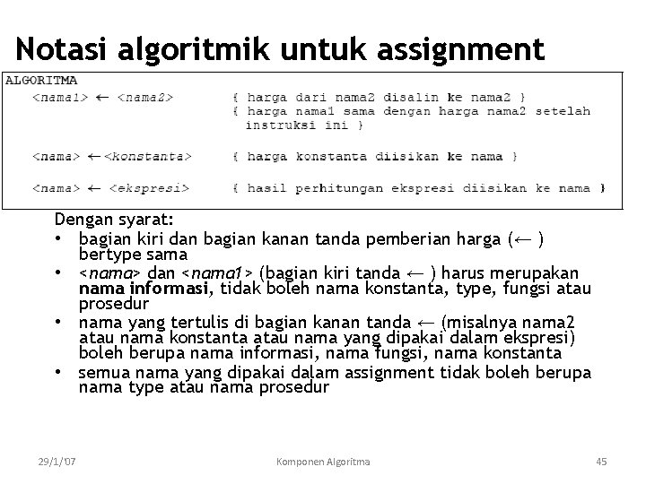 Notasi algoritmik untuk assignment Dengan syarat: • bagian kiri dan bagian kanan tanda pemberian