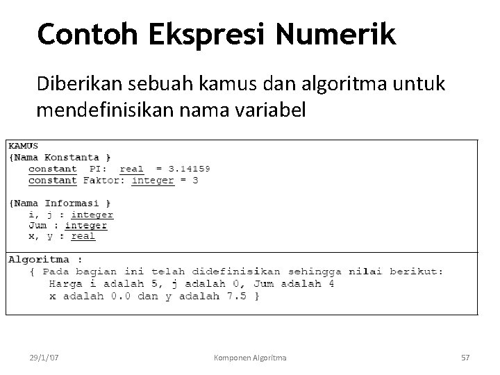 Contoh Ekspresi Numerik Diberikan sebuah kamus dan algoritma untuk mendefinisikan nama variabel 29/1/'07 Komponen
