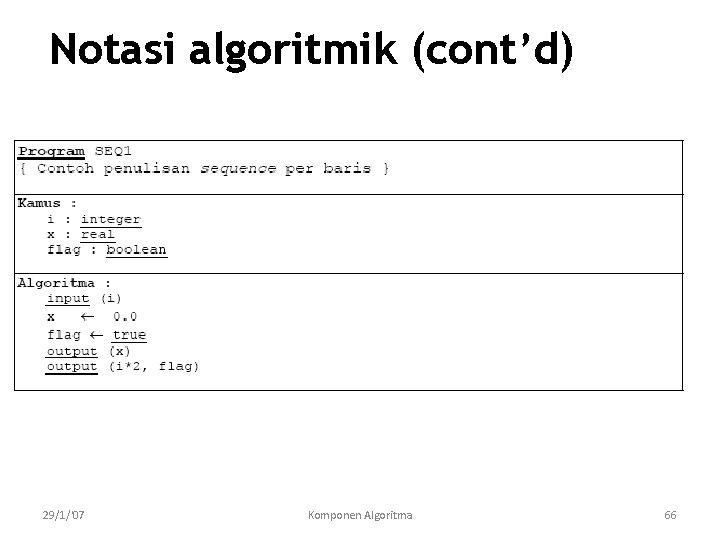 Notasi algoritmik (cont’d) 29/1/'07 Komponen Algoritma 66 