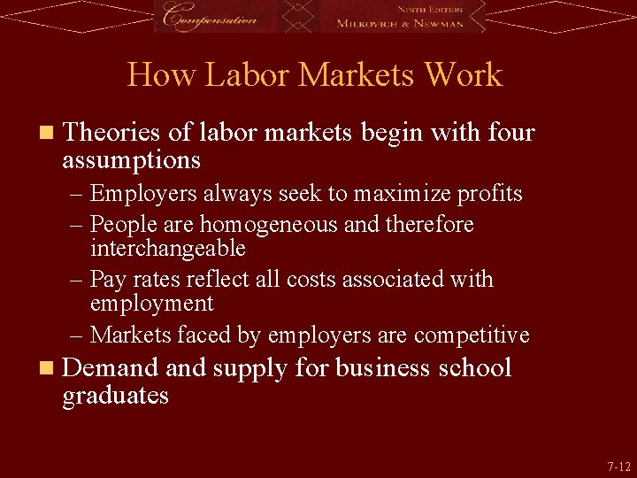 How Labor Markets Work n Theories of labor markets begin with four assumptions –