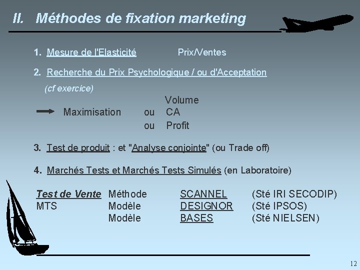 II. Méthodes de fixation marketing 1. Mesure de l'Elasticité Prix/Ventes 2. Recherche du Prix