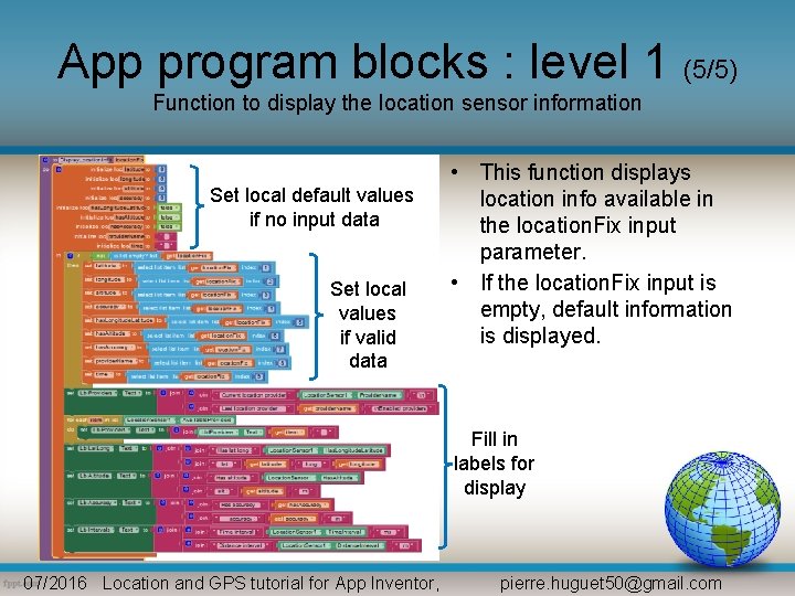 App program blocks : level 1 (5/5) Function to display the location sensor information