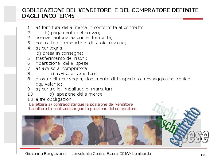 OBBLIGAZIONI DEL VENDITORE E DEL COMPRATORE DEFINITE DAGLI INCOTERMS 1. 2. 2. 3. 4.