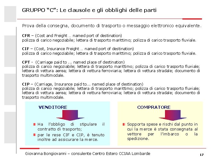 GRUPPO “C”: Le clausole e gli obblighi delle parti Prova della consegna, documento di