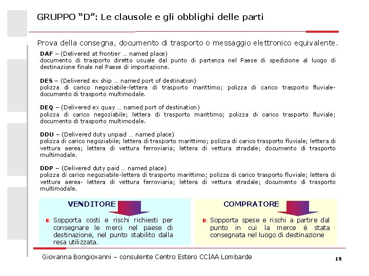 GRUPPO “D”: Le clausole e gli obblighi delle parti Prova della consegna, documento di