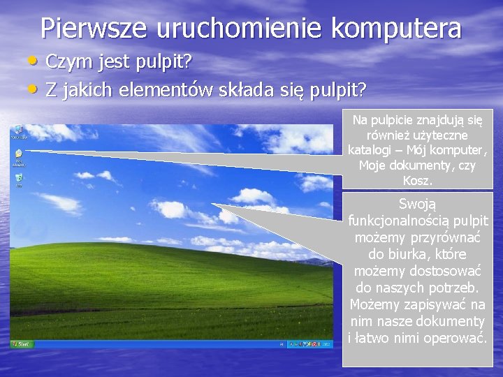 Pierwsze uruchomienie komputera • Czym jest pulpit? • Z jakich elementów składa się pulpit?