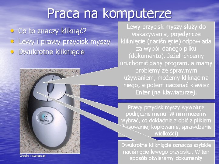 Praca na komputerze • • • Co to znaczy kliknąć? Lewy i prawy przycisk