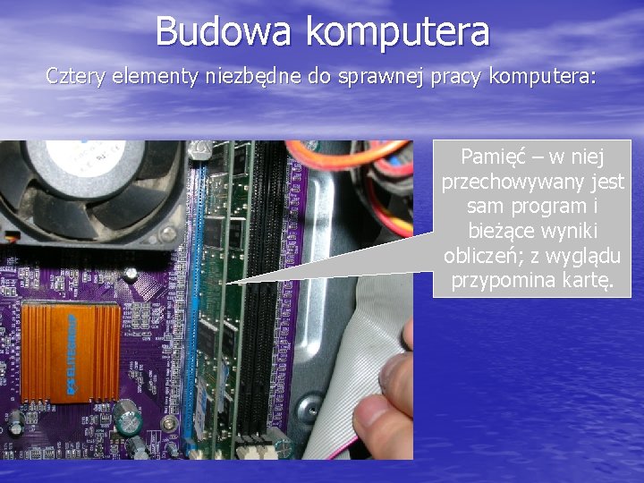 Budowa komputera Cztery elementy niezbędne do sprawnej pracy komputera: Pamięć – w niej przechowywany