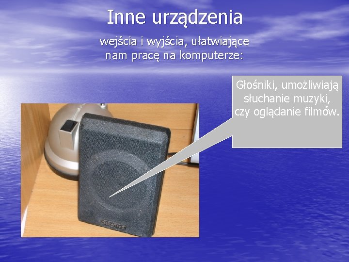 Inne urządzenia wejścia i wyjścia, ułatwiające nam pracę na komputerze: Głośniki, umożliwiają słuchanie muzyki,